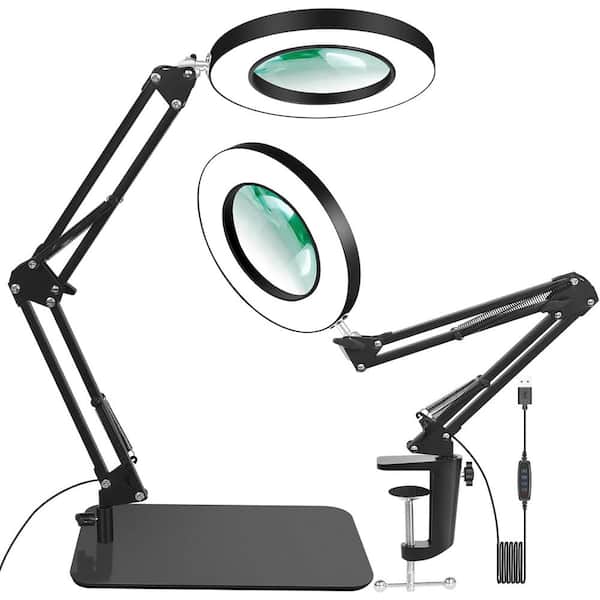 5 in. 12x Magnifier Glass with Light and 5 Color Modes LED Desk Lamp in Black