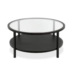 Rigan 36 in. Blackened Bronze/Clear Medium Round Glass Coffee Table with Shelf