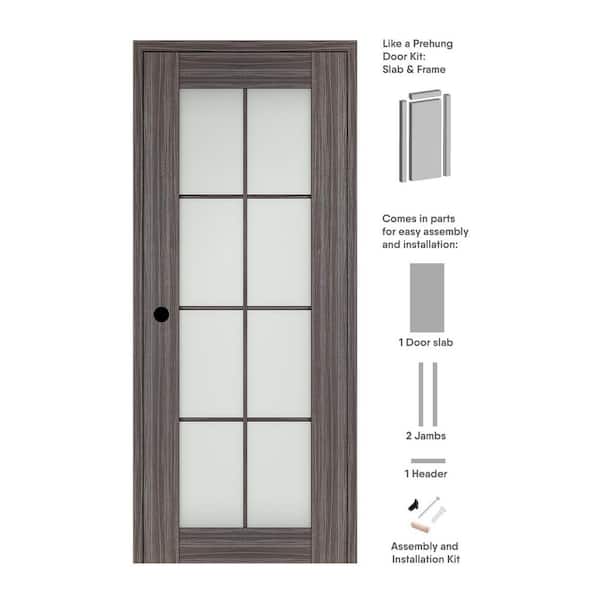 Paola 8-Lite 28 in. x 96 in. Right-hand Frosted Glass Gray Oak Composite Solid Core Wood Single Prehung Interior Door