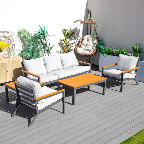 DIRECT WICKER Bernardo 5-Piece Aluminum Patio Conversation Sofa Set with Light Grey Cushions