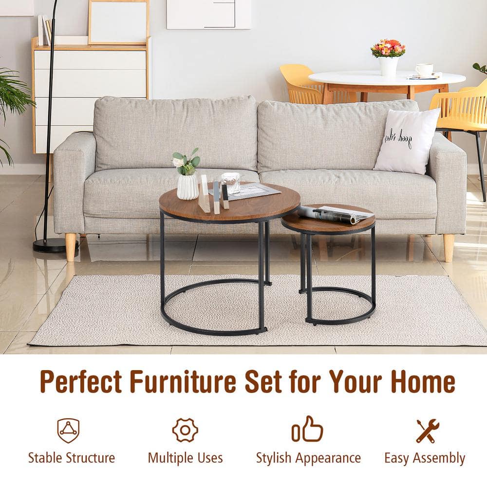 Vintage Walnut Round Nesting Coffee Table Set with Steel Frame