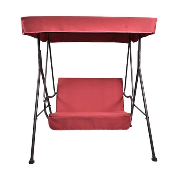 Willit 2-Person Metal Porch Swing with Red Cushion, Convertible Canopy ...