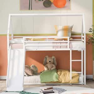 White Twin Over Twin House Bunk Bed with Ladder and Slide