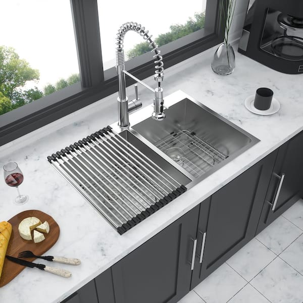 Unbranded 33 in. Drop-In Double Bowl 18 Gauge Brushed Nickel Stainless Steel Kitchen Sink with Bottom Grids