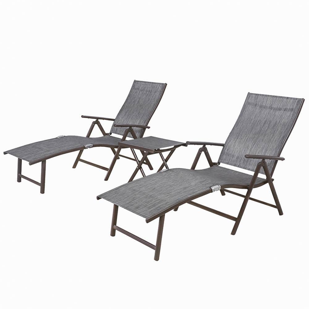 2-Person Black and Gray Aluminum Adjustable Chaise Lounge Set with Table