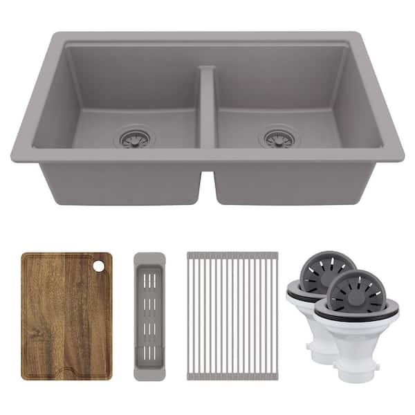 32-3/8 in. Undermount 50/50 Double Bowl Quartz Workstation Kitchen Sink in Grey
