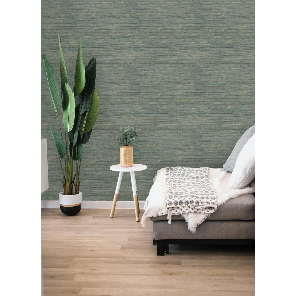 Teal and Gold Embossed Grasscloth Peel and Stick Wallpaper Roll