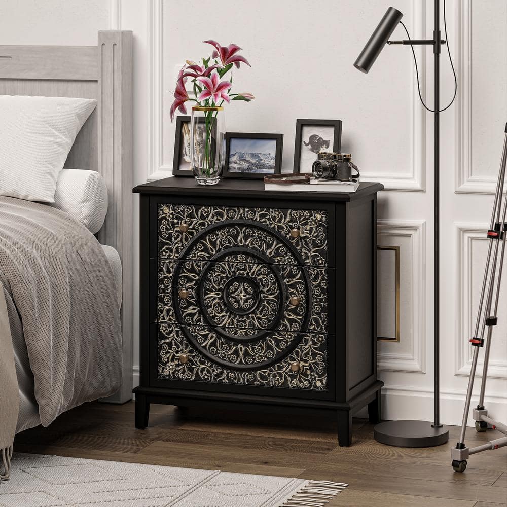 Black and Gold 3-Drawer Flower Motif Nightstand