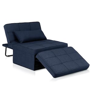 4 in-1 71 in. W Dark Blue Folding Linen Full Size Sofa Bed Convertible Chair/Ottoman