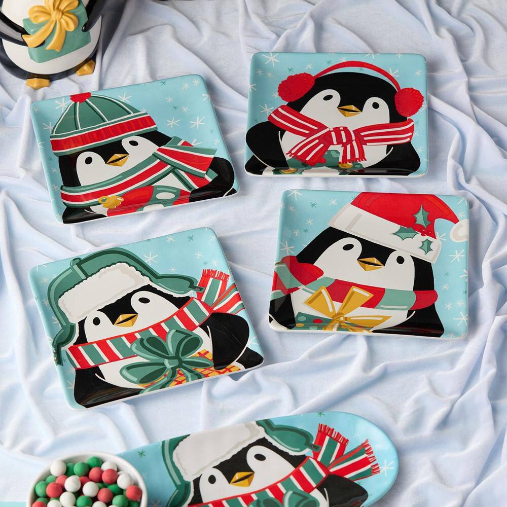 Christmas Whimsy Penguin Assorted Colors Ceramic 8.5 in. Dessert Plates (Set of 4) product image for price tracking