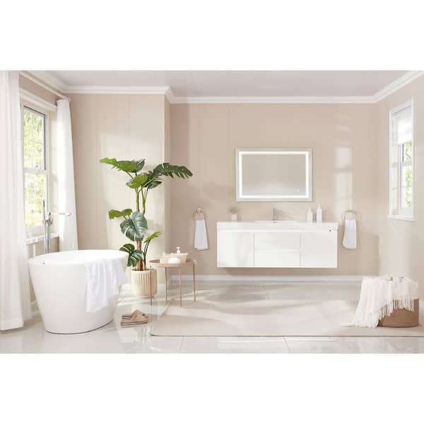 Vanity Art Calais 55 in. L x 32 in. W Acrylic Flatbottom Freestanding Bathtub with Center Drain in White/Polished Chrome
