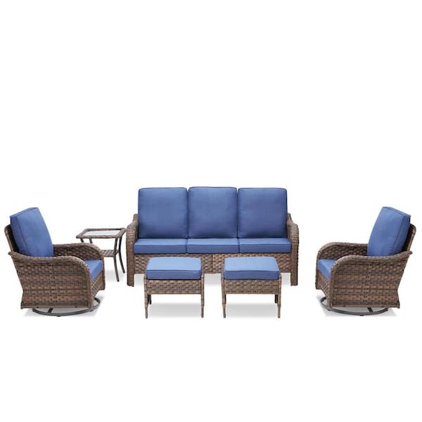 6-Piece Wicker Swivel Patio Conversation Set, Sofa, Swivel Chairs, Footstools and Table with Blue Cushions