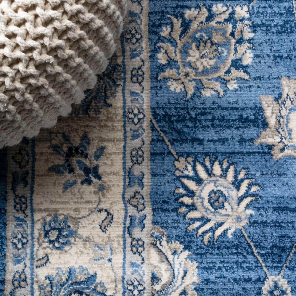 Blue and Ivory Floral Synthetic Runner Rug