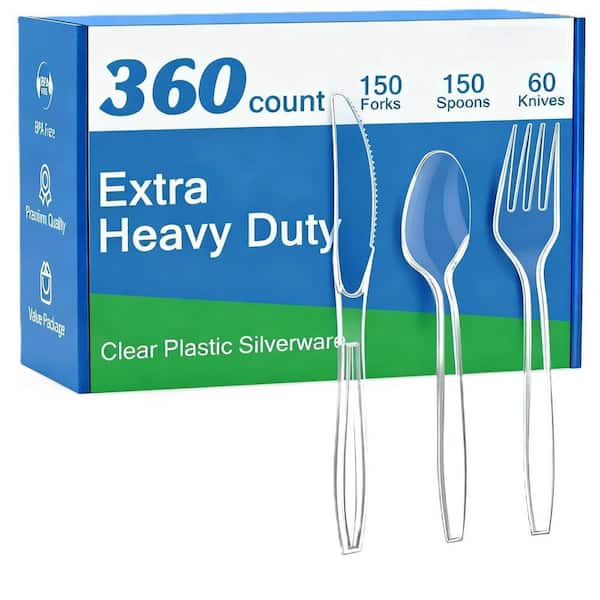 360-Piece Clear Plastic Flatware Serving Set, 150 Forks, 150 Spoons, 60 Knives, BPA-Free, Heat Resistant