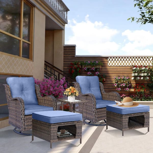 DWIOM Brown 5-Piece Wicker Patio Conversation Set Swivel Rocking