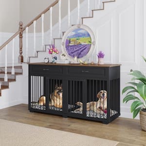 Black Large Dog Crate Furniture, Wood Dog Crate Kennel with 2-Drawers and Divider, Heavy-Duty Dog Crates Cage Furniture