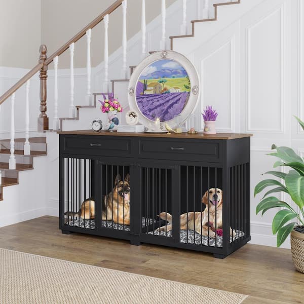 WIAWG Black Large Dog Crate Furniture, Wood Dog Crate Kennel with 2-Drawers and Divider, Heavy-Duty Dog Crates Cage Furniture