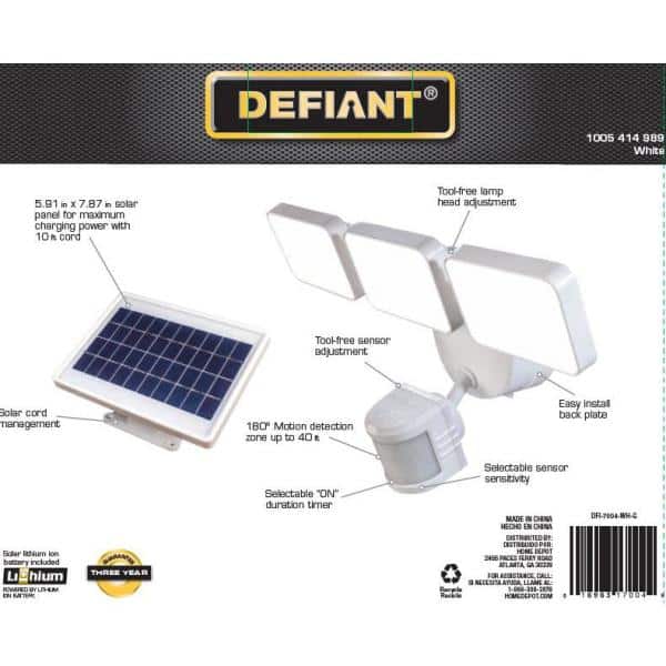Defiant 180 Degree Integrated LED Motion Sensor Solar Powered White 3 Head Outdoor Flood Light DFI 7004 WH