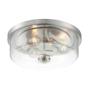 15 in. 3-Light Brushed Nickel Contemporary Flush Mount with Clear Glass Shade and No Bulbs Included