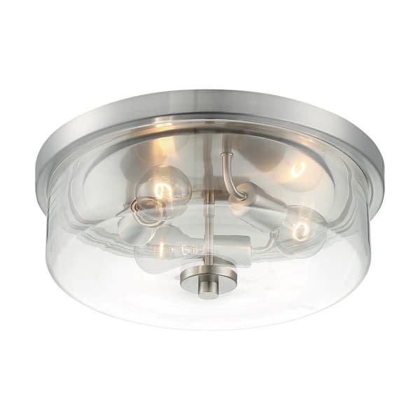 SATCO 15 in. 3-Light Brushed Nickel Contemporary Flush Mount with Clear Glass Shade and No Bulbs Included