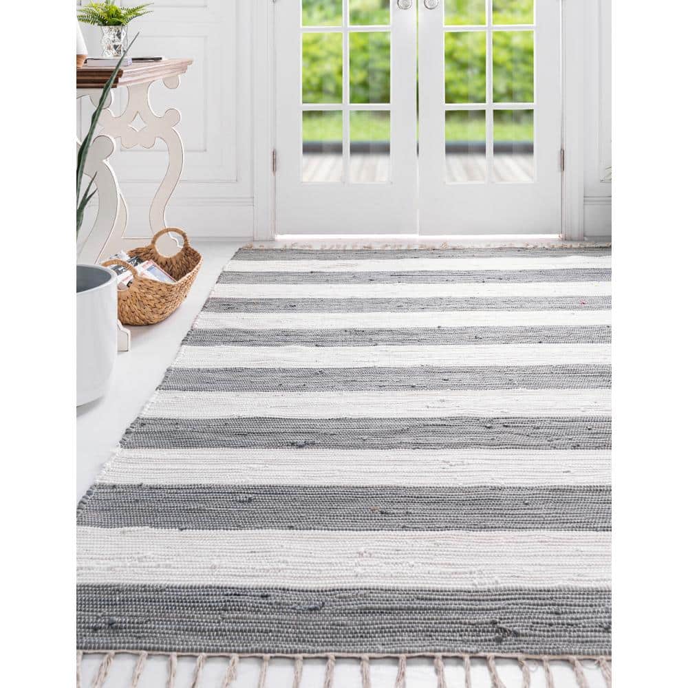 Handmade Gray Stripe Braided 8' x 10' Area Rug with Fringe