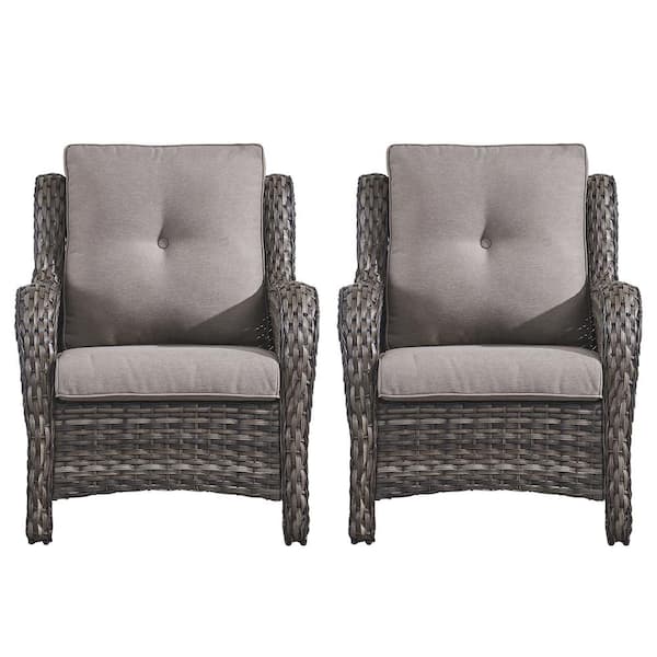 Pocassy Brown Wicker Outdoor Patio Lounge Chair with CushionGuard Gray Cushions (2-Pack)