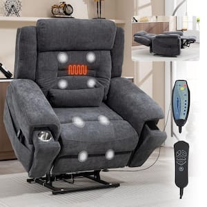 Grey Extra-Wide Dual Motor Chenille Power Lift Recliner with Massage, Heat and Wireless Charging, Cup Holder
