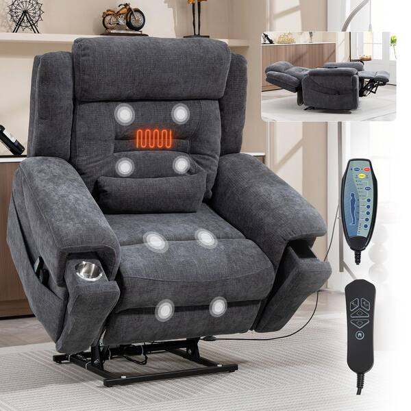 Grey Extra-Wide Dual Motor Chenille Power Lift Recliner with Massage, Heat and Wireless Charging, Cup Holder