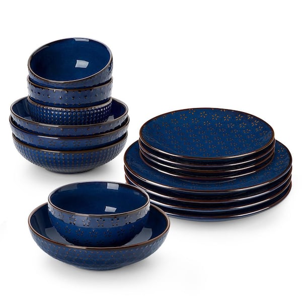 16-Piece Blue Stoneware Dinnerware Set (Service for 4) Bowls and Plates Set Embossed Patterns Tableware Dinner Set