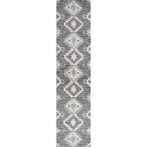 Sumak High-Low Pile Neutral Diamond Kilim Gray/White/Black 2 ft. x 10 ft. Indoor/Outdoor Runner Rug