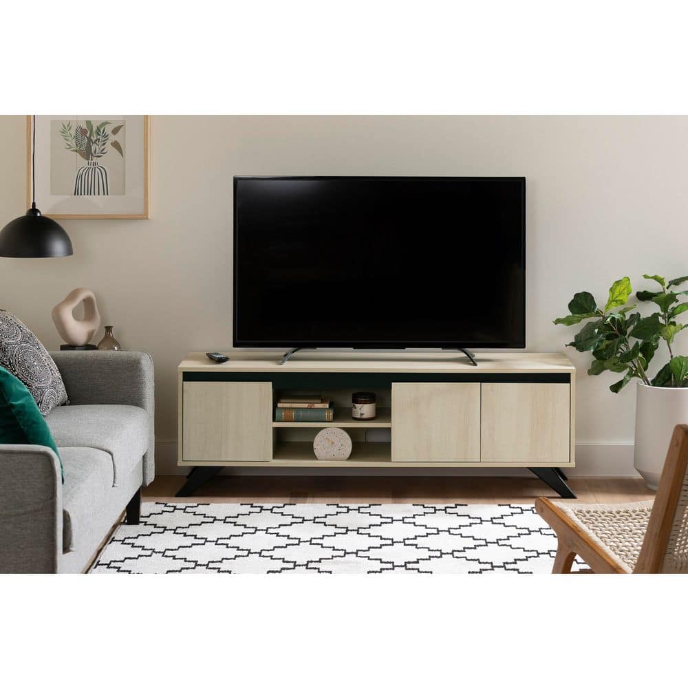 Bleached Oak Scandinavian TV Stand with Cabinet and Shelves