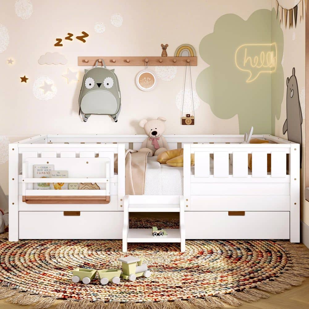 White Twin Wood Kids Platform Bed with Staircase, Bookshelf, Safety Rails and 2 Large Drawers
