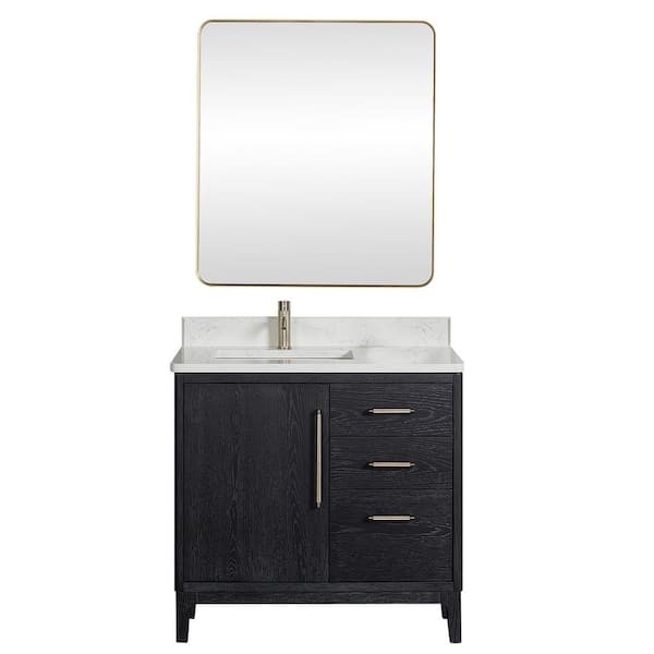 ROSWELL Gara 36 in.W x 22 in.D x 33.9 in.H Single Sink Bath Vanity in Fir Black with White Grain Composite Stone Top and Mirror