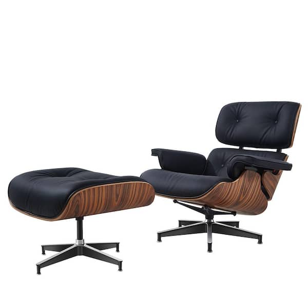 Z-joyee Black Faux Leather Swivel Lounge Chair and Ottoman