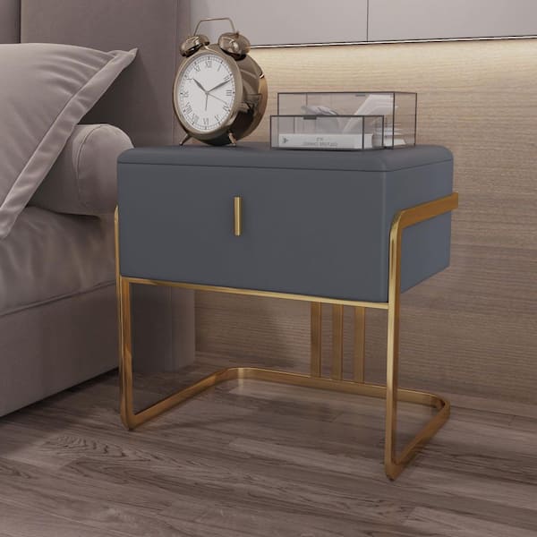 J&E Home 1-Drawer Gray PU Leather Nightstand Bedside Table 19.69 in. H x 19.69 in. W x 15.75 in. D with Metal Legs