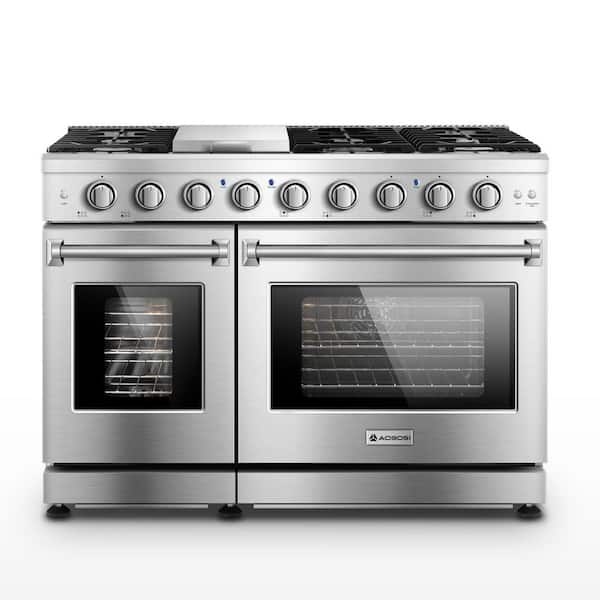Professional 48 in. 7 cu. ft. 7-Burners Double Oven Gas Range w/ Griddle in Stainless Steel with Convection Air Fryer
