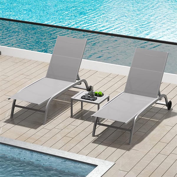 Clihome Outdoor Lounge Chairs for Outside with Wheel and 5 Adjustable Position Grey, 2 Lounge Chairs Plus 1 Table
