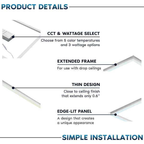 LUXRITE 2 ft. x 2 ft. Frame LED Panel Lights, 5CCT, 2600/3900/5200 Lumens, 20-Watt/30-Watt/40-Watt, Dimmable, Damp Rated, ETL