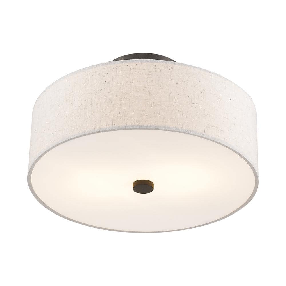 Meridian English Bronze 13" Drum Semi-Flush Mount with Oatmeal Fabric Shade