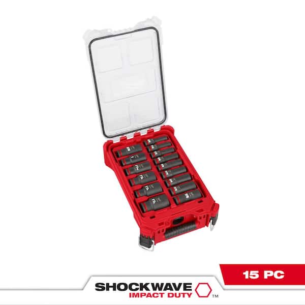 Milwaukee SHOCKWAVE Impact-Duty 1/2 in. Drive SAE Deep Well Impact PACKOUT Socket Set (15-Piece)