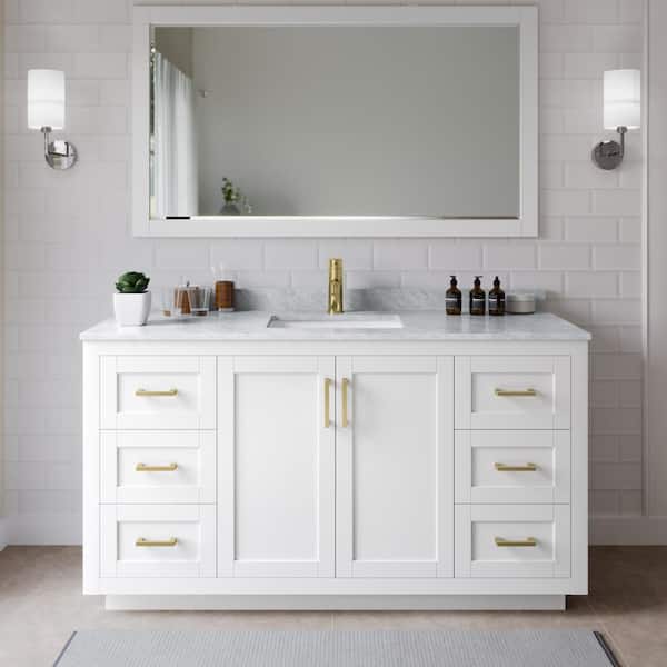 Wyndham Collection Miranda 66 in. W x 22 in. D x 33.75 in. H Single Sink Bath Vanity in White with White Carrara Marble Top and Mirror