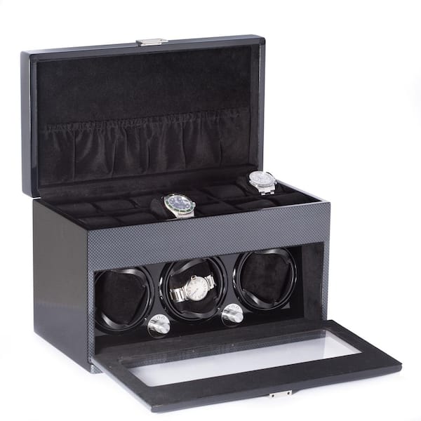 BEY-BERK Lacquered "Carbon Fiber" Steel Gray 3-Watch Winder