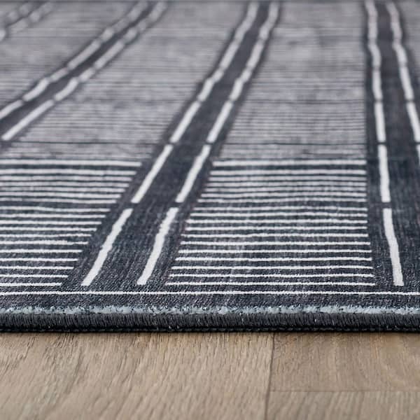 Bohemian Stripe Lines Washable Non Slip Black 8 ft. x 10 ft. Area Rug