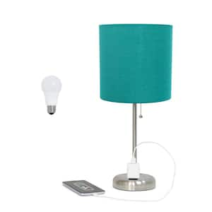 Oslo 19.5 in. Contemporary Bedside Power Outlet Base Metal Table Lamp in Brushed Steel, Teal Shade, with LED Bulb