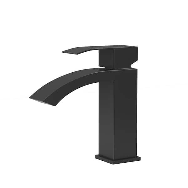 Modern Waterfall Single Handle Single Hole Bathroom Faucet Deck Mount Spot Resistant in Matte Black