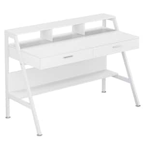 Cassey 47 in. Rectangular White Wood and Metal 2-Drawer Computer Desk with Monitor Stand Riser and Storage Shelves