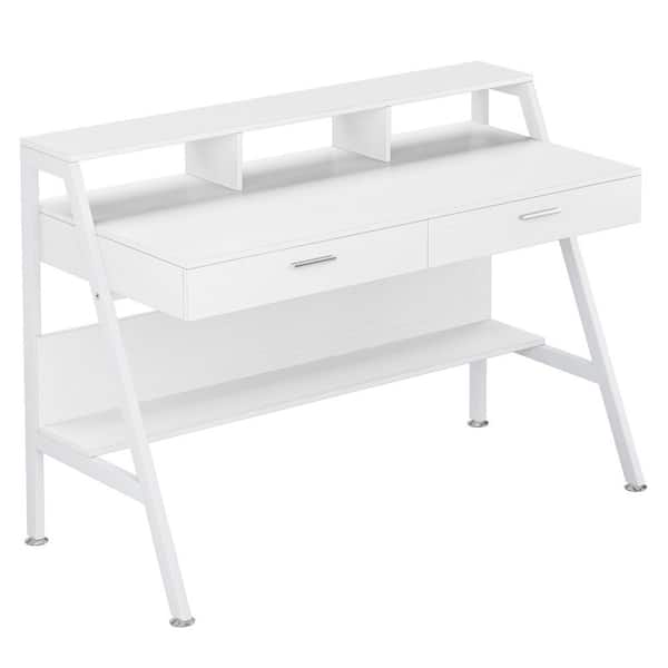 Tribesigns Cassey 47 in. Rectangular White Wood and Metal 2-Drawer Computer Desk with Monitor Stand Riser and Storage Shelves