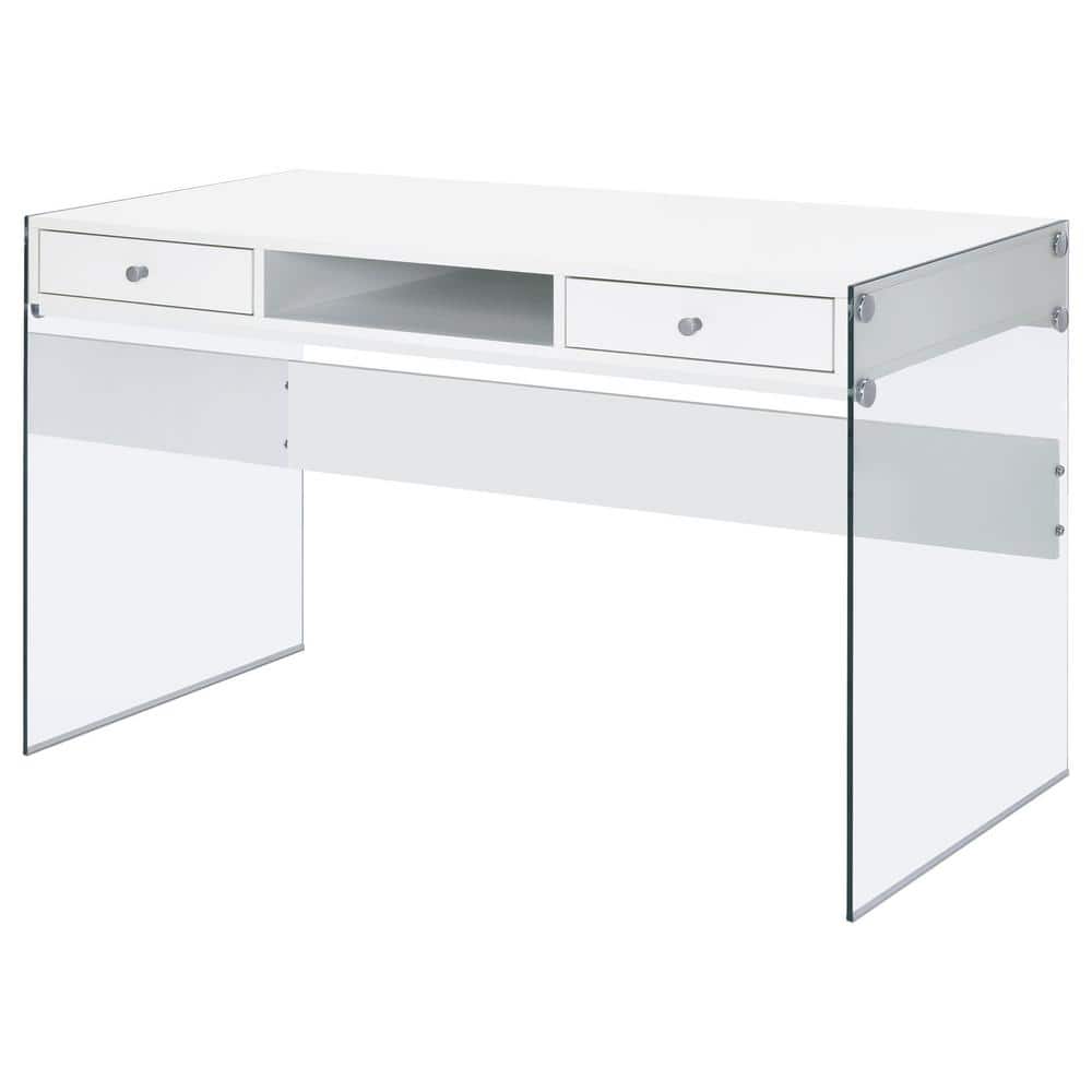 Contemporary Glossy White Home Office Desk with Tempered Glass Supports