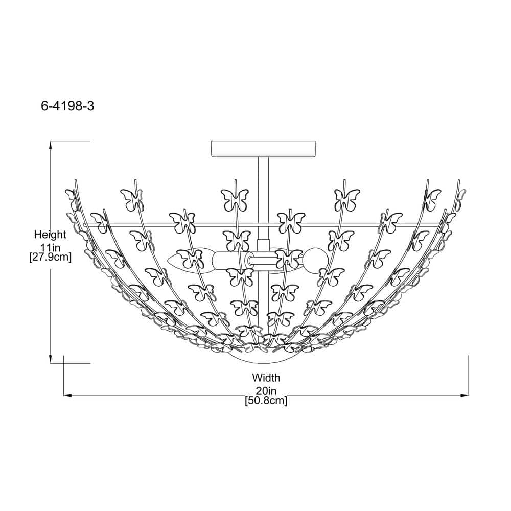 Burnished Brass Butterfly 3-Light Semi-Flush Mount Ceiling Fixture