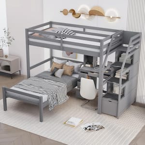 Gray Twin Size Loft Bed with a Stand-alone Bed, Storage Staircase, Desk, Shelves and Drawers